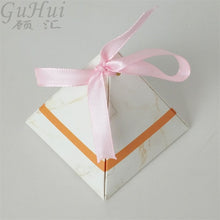 Load image into Gallery viewer, 50pcs Creative Pyramid Marble style Candy Box Pink Ribbon Wedding Favors Party Supplies Bomboniere Gift Chocolate Box