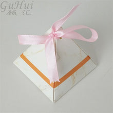 Load image into Gallery viewer, 50pcs Creative Pyramid Marble style Candy Box Pink Ribbon Wedding Favors Party Supplies Bomboniere Gift Chocolate Box