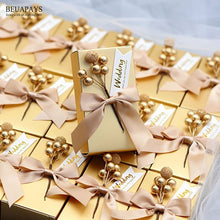 Load image into Gallery viewer, Free shipping 100pcs Golden candy box with bow Wedding Goods Accompanying Gifts Rectangular Candy Carton Wedding Packaging Box