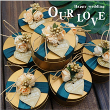 Load image into Gallery viewer, 50pcs Wedding favors tin custom logo unique golden bead flower party gold candy box blue ribbon personalized gift for guests