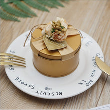 Load image into Gallery viewer, 50pcs Wedding favors tin custom logo unique golden bead flower party gold candy box blue ribbon personalized gift for guests
