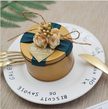 Load image into Gallery viewer, 50pcs Wedding favors tin custom logo unique golden bead flower party gold candy box blue ribbon personalized gift for guests