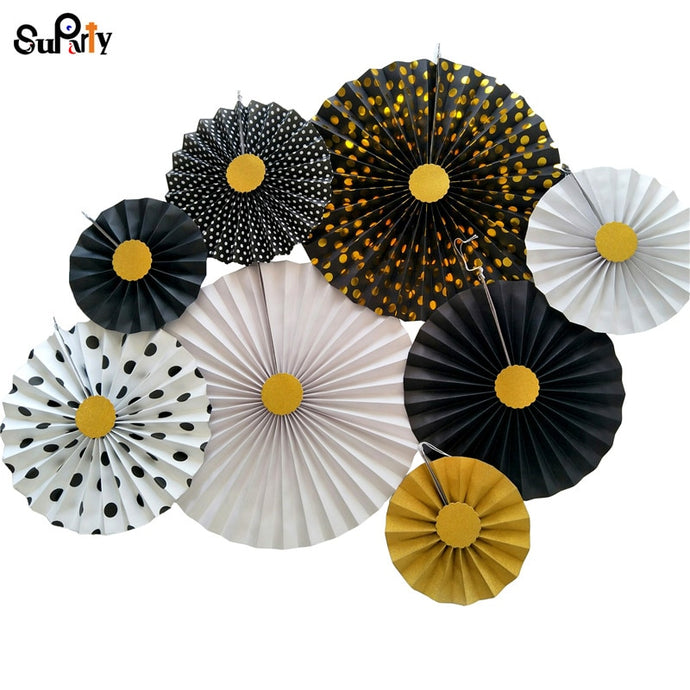 48pcs Black & Gold Paper Fans Graduation Anniversary Engagement Birthday Party New Year's Eve Decorations Great Gatsby Theme