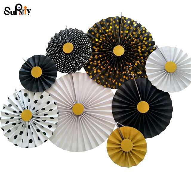 48pcs Black & Gold Paper Fans Graduation Anniversary Engagement Birthday Party New Year's Eve Decorations Great Gatsby Theme