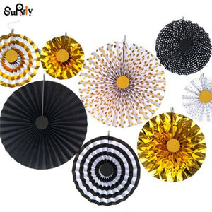 48pcs Black & Gold Paper Fans Graduation Anniversary Engagement Birthday Party New Year's Eve Decorations Great Gatsby Theme